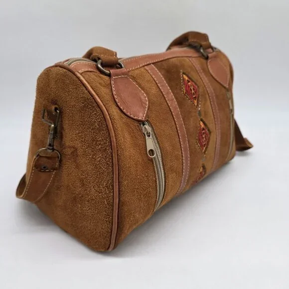 Vintage Brown Suede Satchel Embroidered Details & Multiple Zipper Pockets - Picture 2 of 13